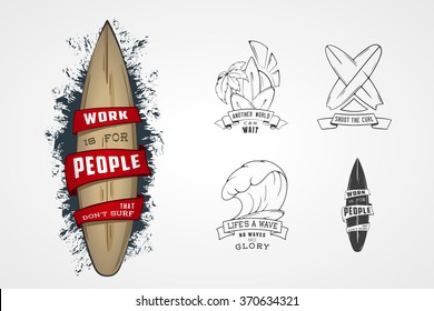 Set of vector patterns for design logos on theme of water, surfing, ocean, sea, palm, ribbon, wave, surfbord. Stylized Design element with lettering.