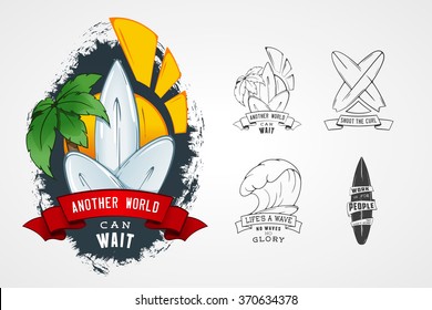 Set of vector patterns for design logos on theme of water, surfing, ocean, sea, palm, ribbon, wave, surfbord. Stylized Design element with lettering.