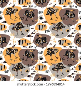 Set of vector patterns with fish, birds and rabbles with geometric ornament. Ethnic stile. in Monochrome colors. Art design for print, cover, paper, wallpaper, textile. 