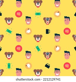 Set Of Vector Patterns With Flat Characters, Teddy Bear And Normal Guy With Money, Coffee, Job Case And Honey Icons, Flat Avatar Vector