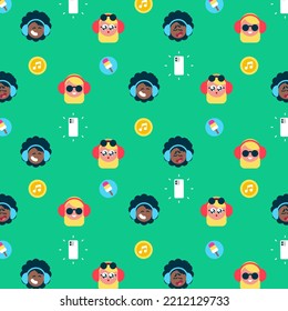 Set of Vector Patterns with Flat charcters, blonde teenage girl and black african afro girl with smartphone, music and icecream icons, Flat avatar vector