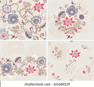 Set of vector patterns with flowers and birds. Seamless floral background.