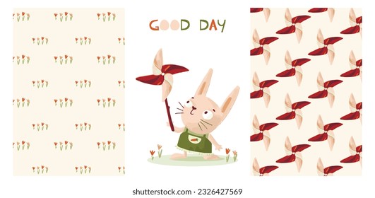 Set of vector patterns with flowers and pinwheel. Cute Rabbit character in green apron holding pinwheel. Spring garten. Easter. 