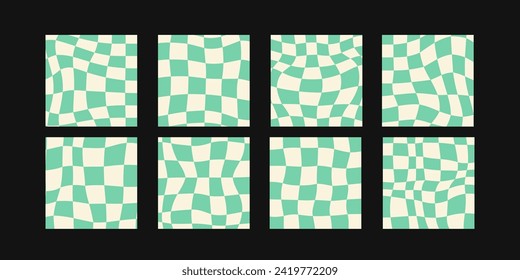 Set of vector patterns. Funky hippie mesh patterns. Beige and green retro distorted chessboard backgrounds