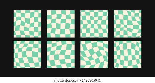 Set of vector patterns. Funky hippie mesh patterns. Beige and green retro distorted chessboard backgrounds