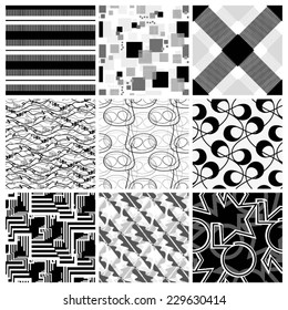 Set of vector patterns, geometric drawings, curvilinear, seamless background.
