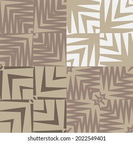 Set of vector patterns with geometric elements, inspired by ethnic motives. In beige and brown colors. Squares, stripes, zigzags.For textile design, paper, notebooks, print packaging paper, wallpaper.