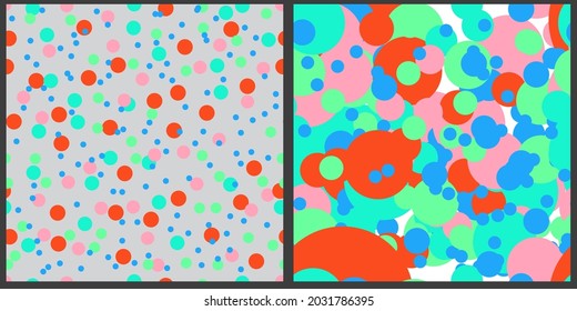 Set of vector patterns. Geometric pattern. Circles of different sizes in bright colors of orange, blue, green, pink. 