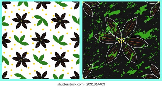 Set of vector patterns. Geometric pattern. Abstract dark flowers with orange stripes. Green breezes in the background. Isolated background. 