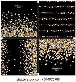  Set of Vector patterns with gold hearts on black background. Valentines day illustration