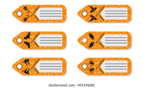 A set of vector patterns for Halloween labels with spider,bat,black cat, bones, spider web and owl shapes with a white background.