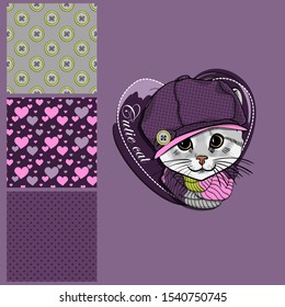 Set of vector patterns and  illustration of smartly dressed cat. Print on T-shirts, bags and other fashion products. Design children's clothing and accessories. 