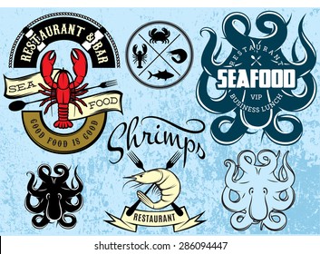 set of vector patterns with lobster, octopus, shrimp for logo design seafood