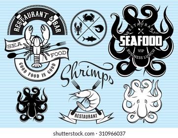 set of vector patterns with lobster, octopus, shrimp for logo design seafood