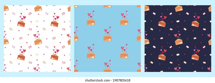 A set of vector patterns with love letters in envelopes and hearts on a blue background. Romantic illustration for Valentine's Day