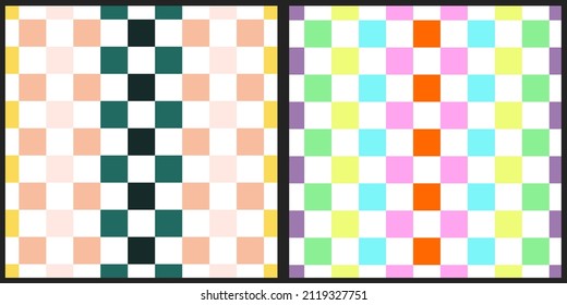 Set of vector patterns. Multi-colored squares are arranged in a checkerboard pattern. White isolated background. 