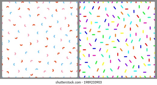 Set of vector patterns. Multicolored sticks and arrows on a white isolated background. Background, wrapping paper, wallpaper, cover, print, clothing, material. 