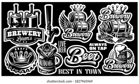 Set of vector patterns on the theme of beer and brewing. Black background.