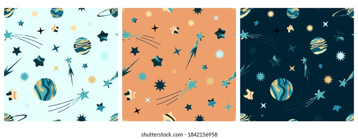 A set of vector patterns with planets and stars on a colored background. Space. Children's illustration for fabrics, gifts, toys, postcards, packaging paper, pajamas