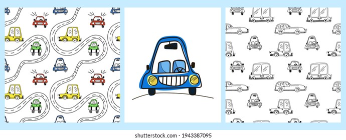 A set of vector patterns and a poster with colorful cute cars on a doodle-style white background. Children's illustration for pajamas, children's room, wallpaper, postcards, holidays