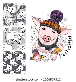 Set of vector patterns with pretty dressed pig. Pig - artist. Print on T-shirts, bags and and other fashion products. Design children's clothing and accessories.