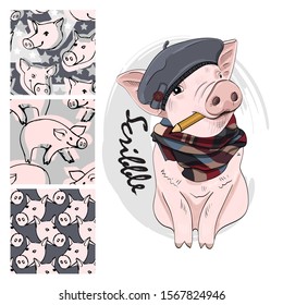 Set of vector patterns with pretty dressed pig. Pig - artist. Print on T-shirts, bags and and other fashion products. Design children's clothing and accessories.