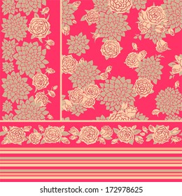 Set of vector patterns with roses. Seamless floral background and border.