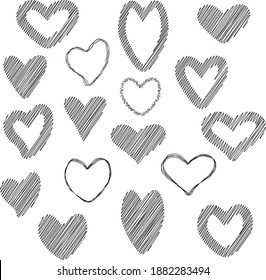 Set of vector patterns of shaded black and white hearts.