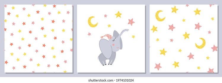 Set of vector patterns with stars and illustration of a cute baby elephant. Good night.