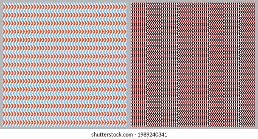 Set of vector patterns. Strict colored arrows on a white isolated background. Background, wrapping paper, wallpaper, cover, print, clothing, material