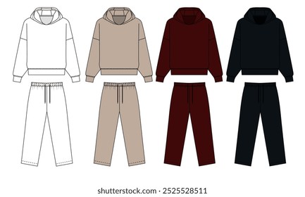 Set of vector patterns of tracksuit colors - beige , red and gray. Template of basic hoodie and joggers. Sketch of tracksuit on white background.