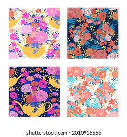 A set of vector  patterns with yellow teapot and bright flowers. HAnd drawn illustrations with floral theme