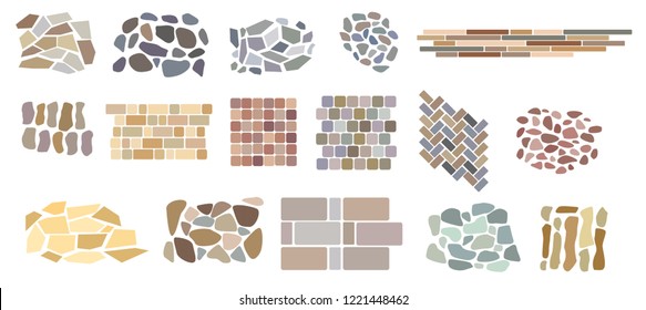 Set of vector paving tiles and bricks patterns from natural stone. Elements for landscape design plans isolated on white. Top view.