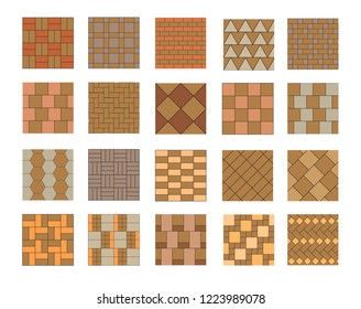 Set of vector paving tiles and bricks patterns. Elements for landscape design plans isolated on white. Top view.