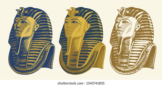 Set of vector pencil drawings of Golden mask of Egyptian pharaoh Tutankhamun. Pharaoh of ancient Egypt. Suitable for advertising poster, flyer, design element for travel agency