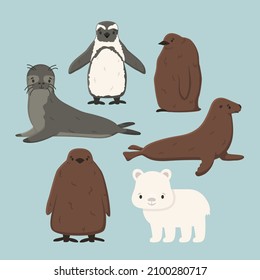 Set of vector Penguin, king penguin chick, fur seal, polar bear cub, small common seal. Isolated small cartoon cute sea and ocean animals for kids book, stickers or prints for clothes