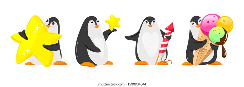 Set of vector penguins for nursery design, cartoon cute style illustration for kid. Baby background for clothes wear, room decor, t-shirt, baby shower invitation, wrapping