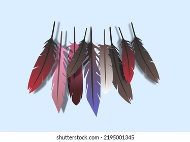 A set of vector pens of different colors. Dreamcatcher, a graphic element-a pen. The feathers of birds are beautiful. Pastel colors of feathers. 