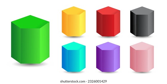 Set of vector pentagonal prisms with gradients and shadow for game, icon, package design, logo, mobile, ui, web, education. 3D pentagonal prism on a white background.