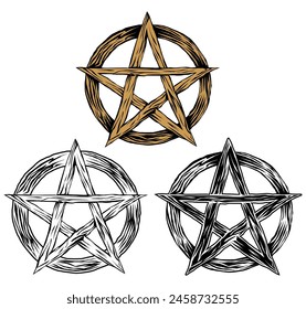 Vektorgrafik-Pentagramm-Zeichen setzen. Magische goldene Wikcan-Symbole Design-Illustration