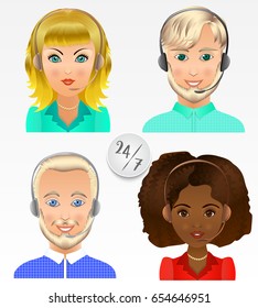 Set vector people avatars. Employees of call center support and help service, women and man, with headphones and inscription. Help desk online concept.