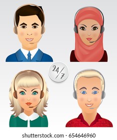Set vector people avatars. Employees of call center support and help service, women and man, with headphones and inscription. Help desk online concept.