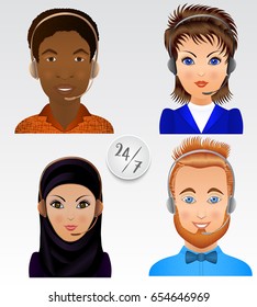 Set vector people avatars. Employees of call center support and help service.
