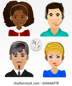 Set vector people avatars. Employees of call center support and help service, women and man, with headphones and inscription. Help desk online concept.