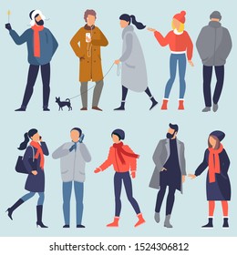 Set of vector people characters wearing winter clothes . Seasonal design elements set for christmas and new year banner, poster, card, presentation, website and mobile app design.