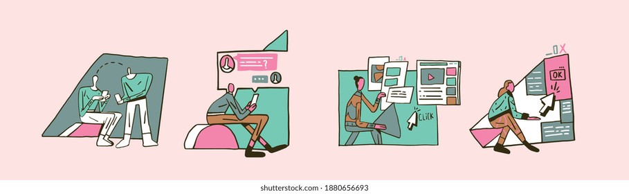 Set of vector with people and technology. Browse social media and internet. Modern render. Minimalist and Modern design Vector Clip art for social networks, web design