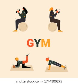 Set of vector people working out. Set of people doing workouts. Workouts set. People doing different workouts and sports activities. Healthy and active lifestyle. Young people doing sports exercise.