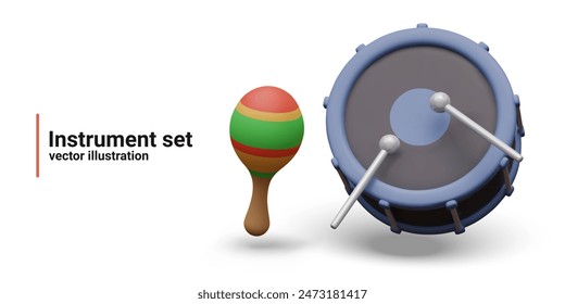 Set of vector percussion instruments in cartoon style. Colored 3D maracas and drum with sticks