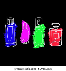 Set of vector perfume fashion container smell spray. Vector illustration perfume shop symbols elegant merchandise gift. Beauty liquid luxury fragrance aroma perfume bottle aromatherapy.