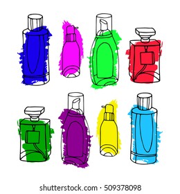 Set of vector perfume fashion container smell spray. Vector illustration perfume shop symbols elegant merchandise gift. Beauty liquid luxury fragrance aroma perfume bottle aromatherapy.